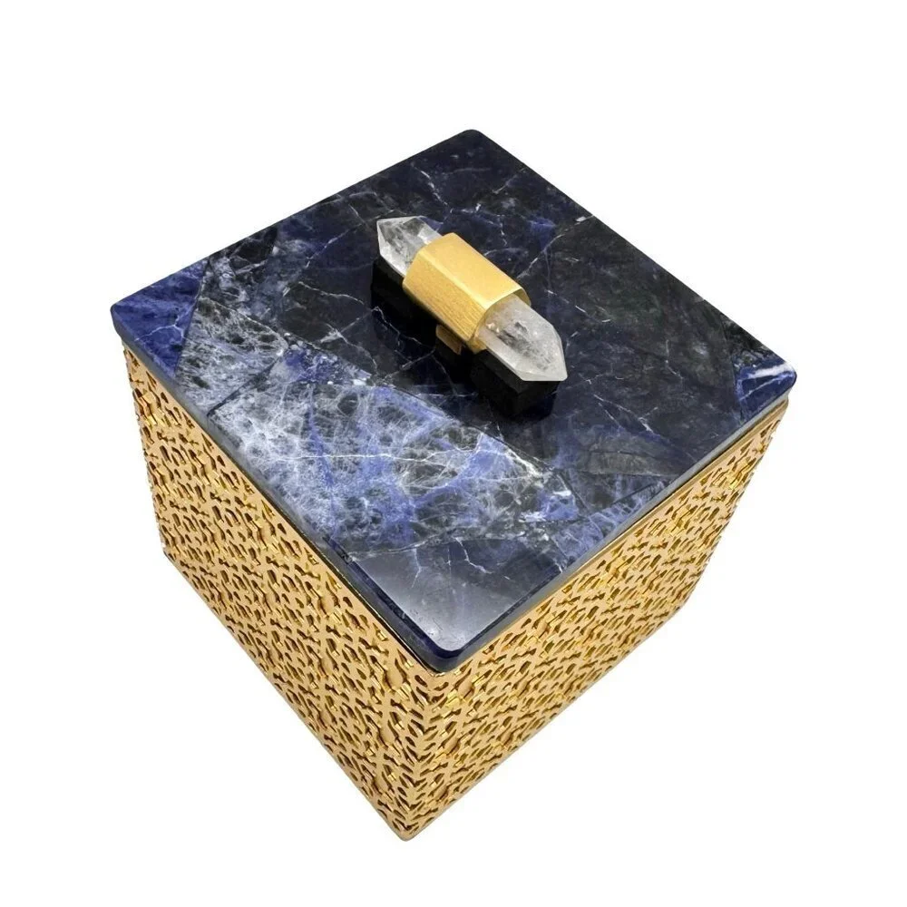 NEW Kendra Scott Ornate Jewelry Box  Gold Blue Sodalite Quartz Gold Tone Square